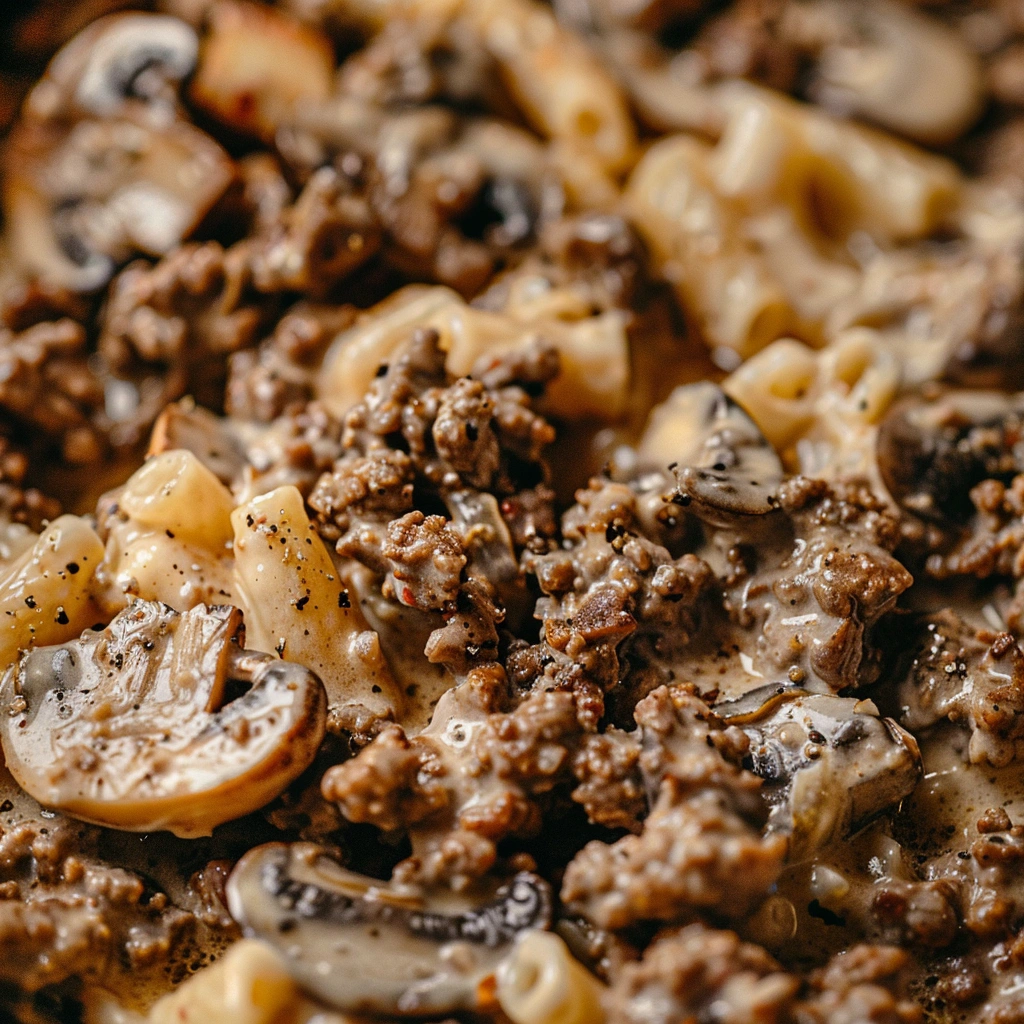 Gluten-free dairy-free ground beef stroganoff in a rustic bowl