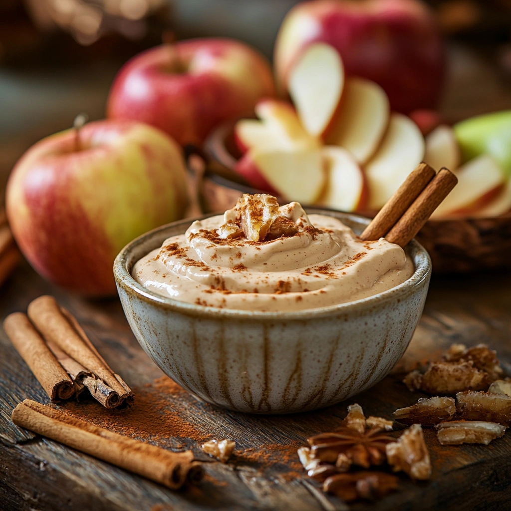 Creamy dairy-free toffee apple dip with apple slices and fall snacks