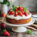 Gluten-free strawberry cake topped with fresh strawberries and mint