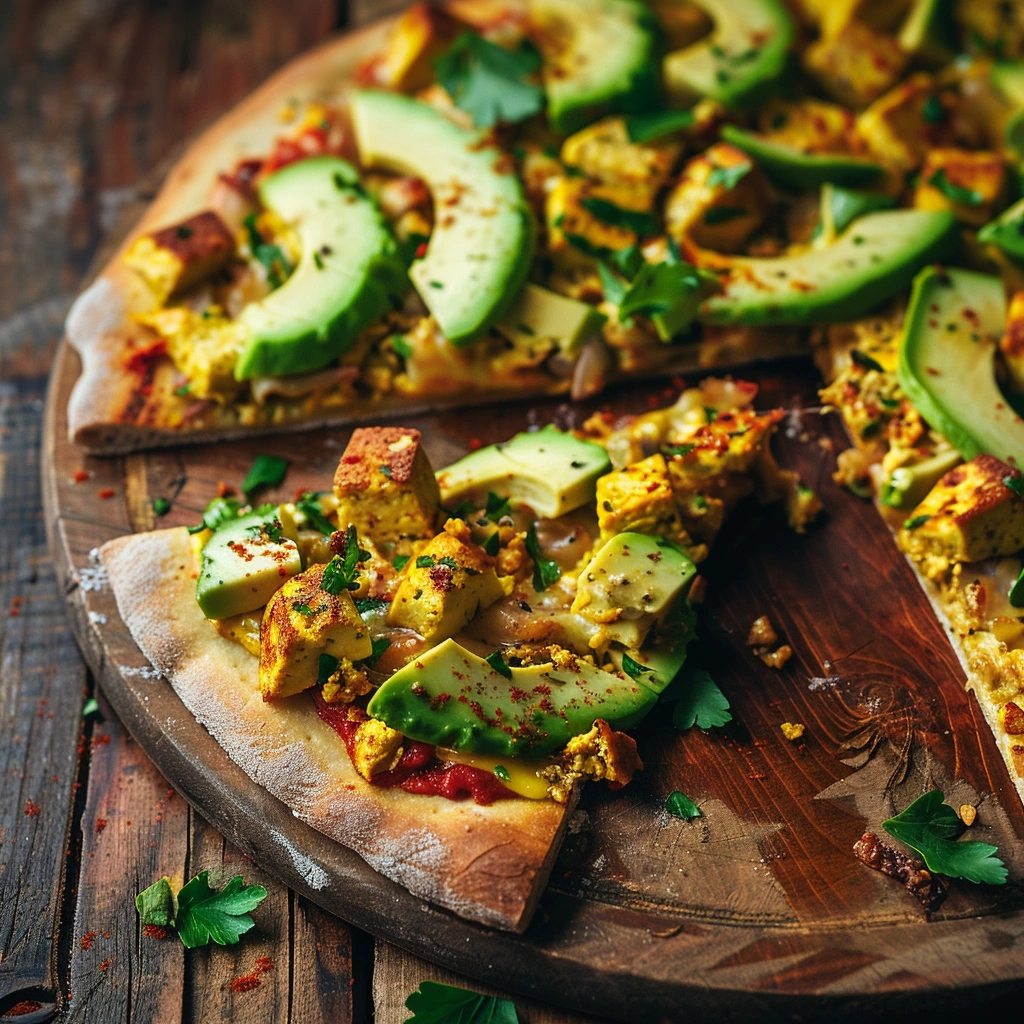 gluten-free and dairy-free breakfast pizza with tofu and avocado