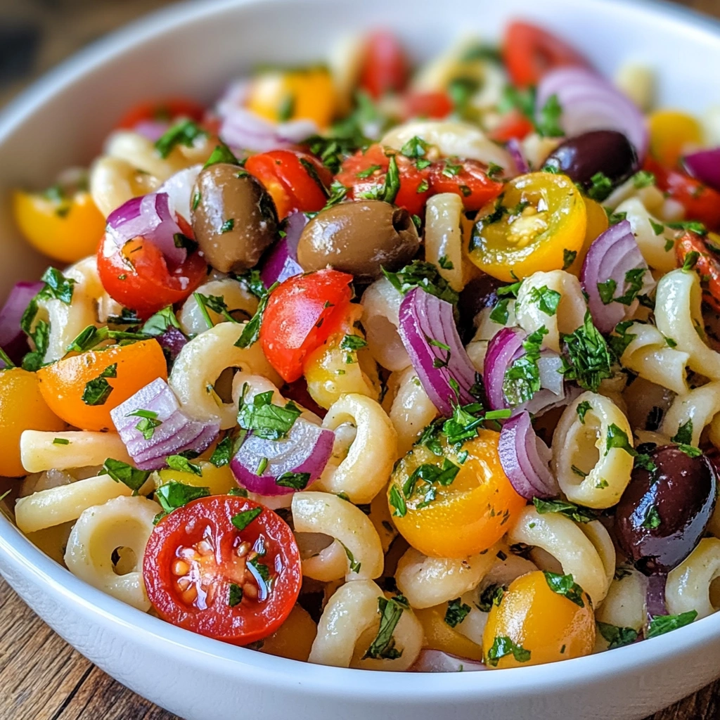 gluten-free Italian pasta salad with tomatoes and olives