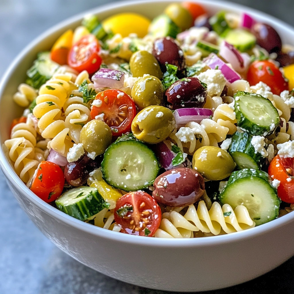 Gluten-free Mediterranean pasta salad with fresh ingredients