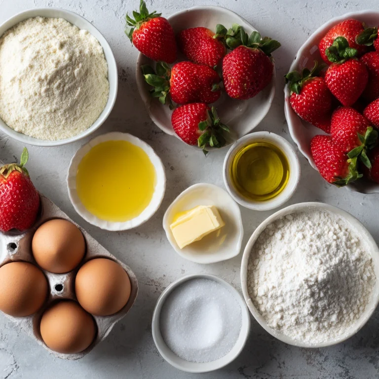 Gluten-free strawberry cake ingredients arranged on a kitchen counter