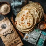 Assorted gluten-free tortillas with fresh ingredients like lime, avocado, and tomato