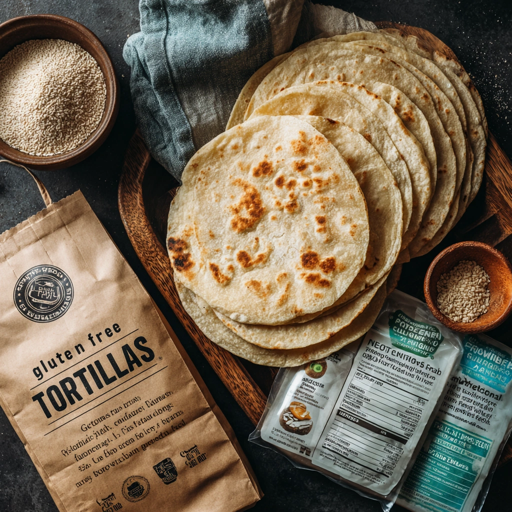 Assorted gluten-free tortillas with fresh ingredients like lime, avocado, and tomato