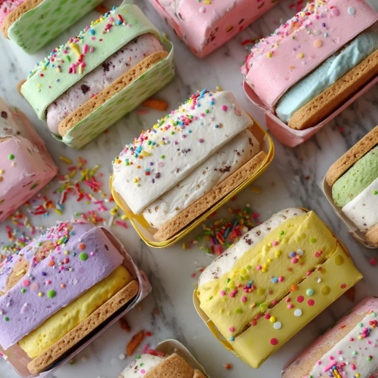 Overhead gluten‑free dairy‑free ice cream sandwiches in pastel wrappers