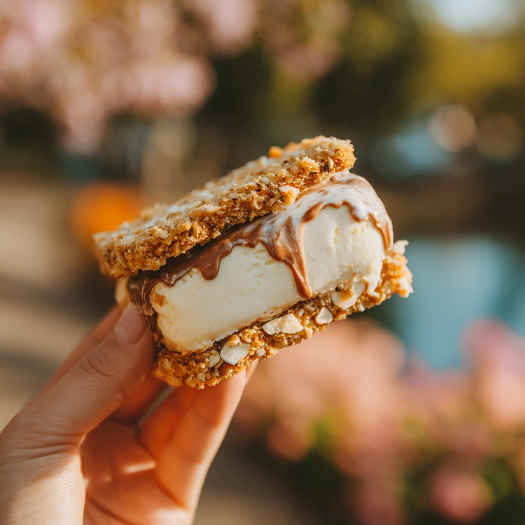Hand holding melting gluten‑free dairy‑free ice cream sandwich dipped in nuts
