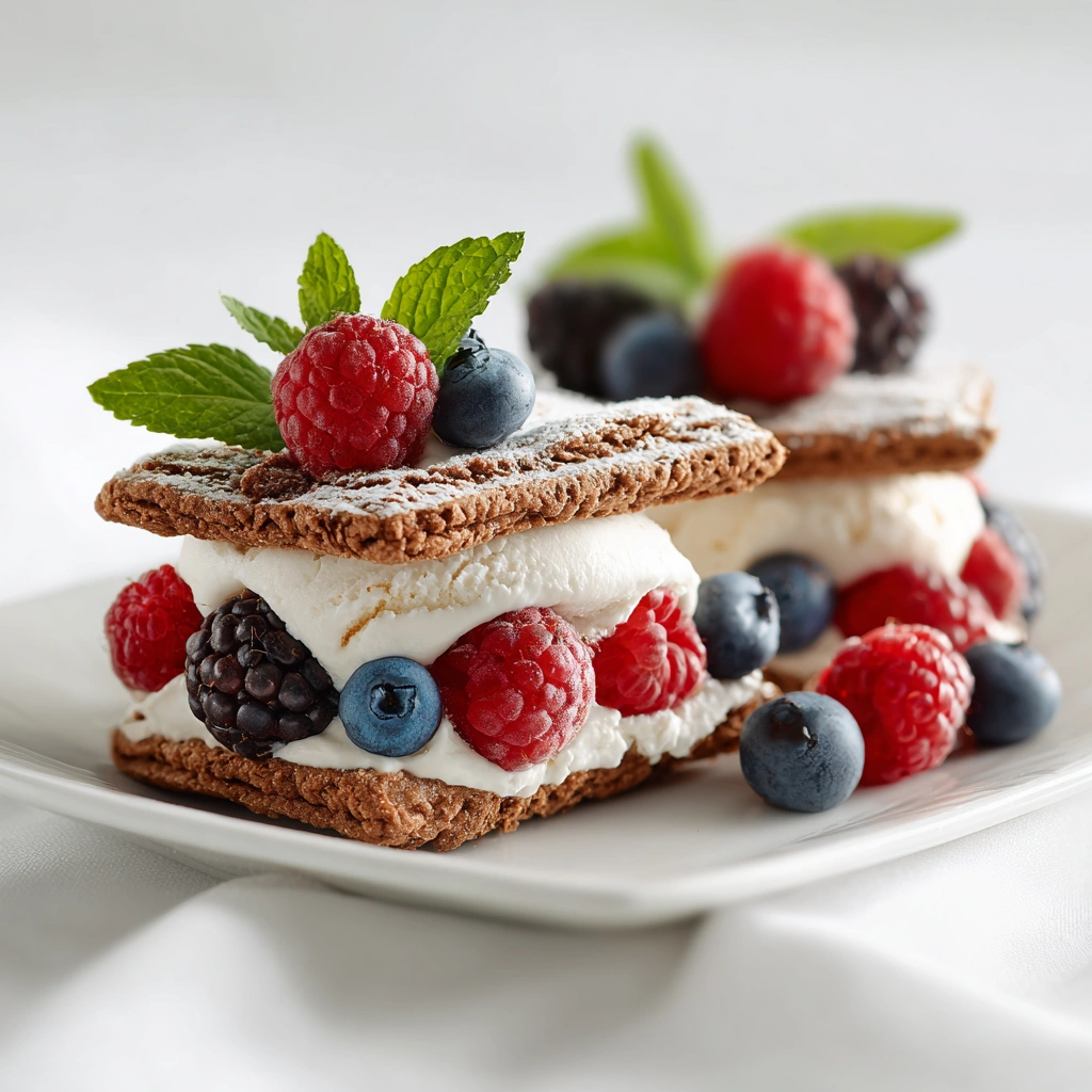 Plated gluten‑free dairy‑free ice cream sandwiches with berries and mint