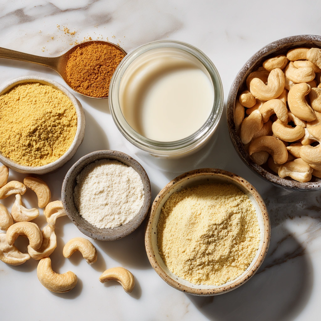 Dairy-free cheese sauce ingredients on a marble countertop