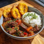 Trinidadian Stew Beef with rice and plantains