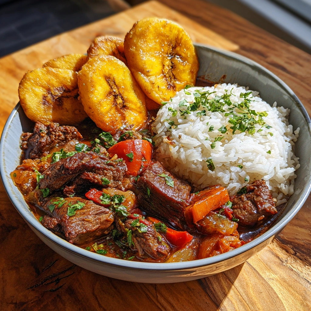 Trinidadian Stew Beef with rice and plantains