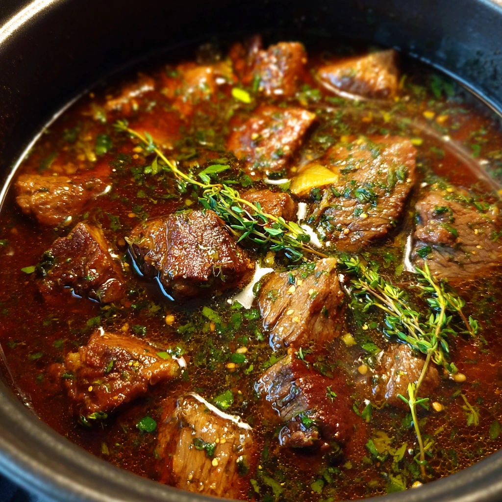 Simmering Trinidadian Stew Beef with herbs