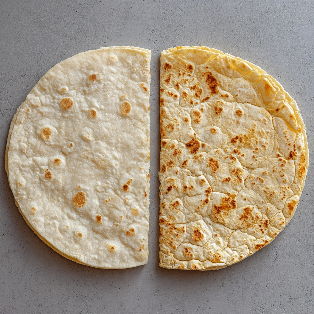 ide-by-side comparison of a cracked tortilla and a soft, perfect tortilla