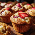 Fresh gluten-free strawberry muffins close-up on kitchen counter