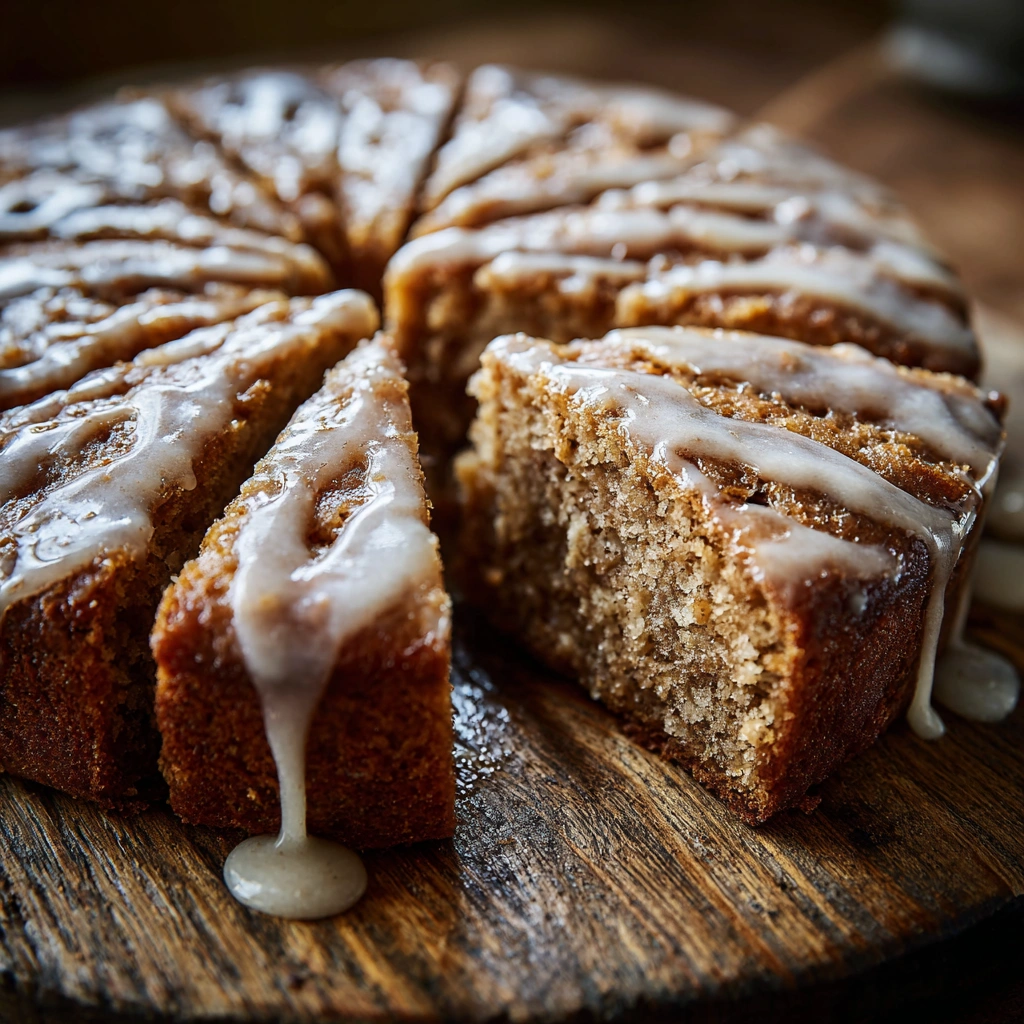 Moist gluten-free apple cider cake with cinnamon glaze