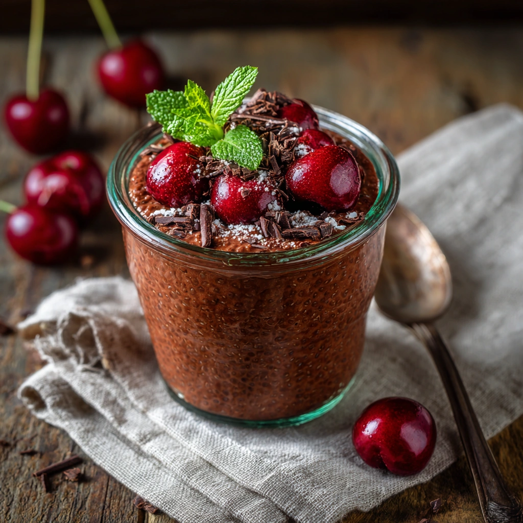 Dairy-Free Cherry Chocolate Chia Pudding topped with fresh cherries and chocolate