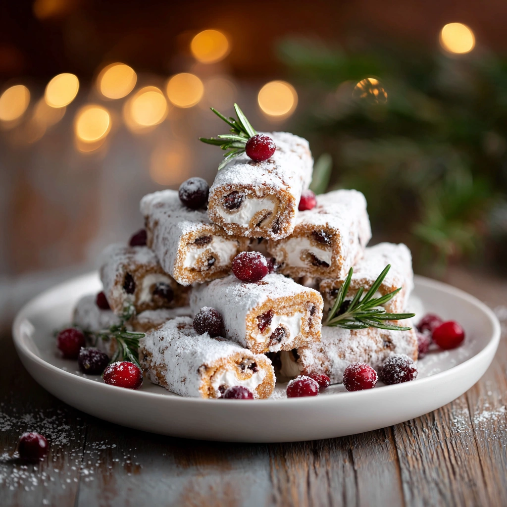 Mini gluten-free yule logs dusted with powdered sugar and garnished with cranberries on a white plate.