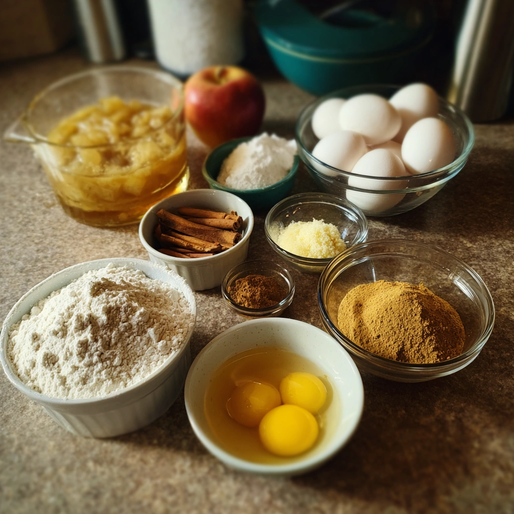 Gluten-free apple cider cake ingredients on kitchen counter