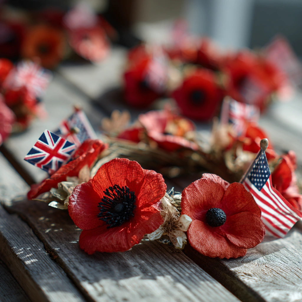 Memorial Day and 4th of July decorations with poppy wreath and flags