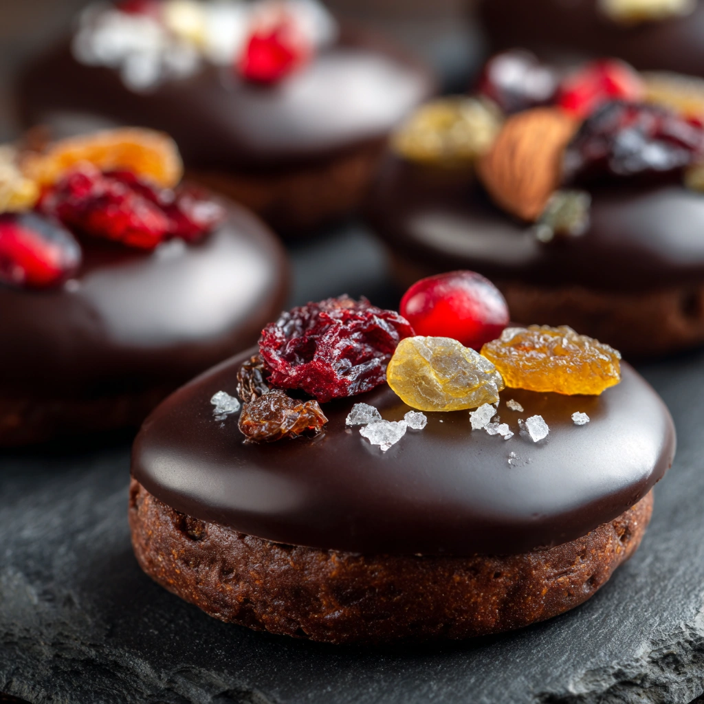  Close-up of glossy Dairy Free Holiday Chocolate Mendiants with dried fruit toppings