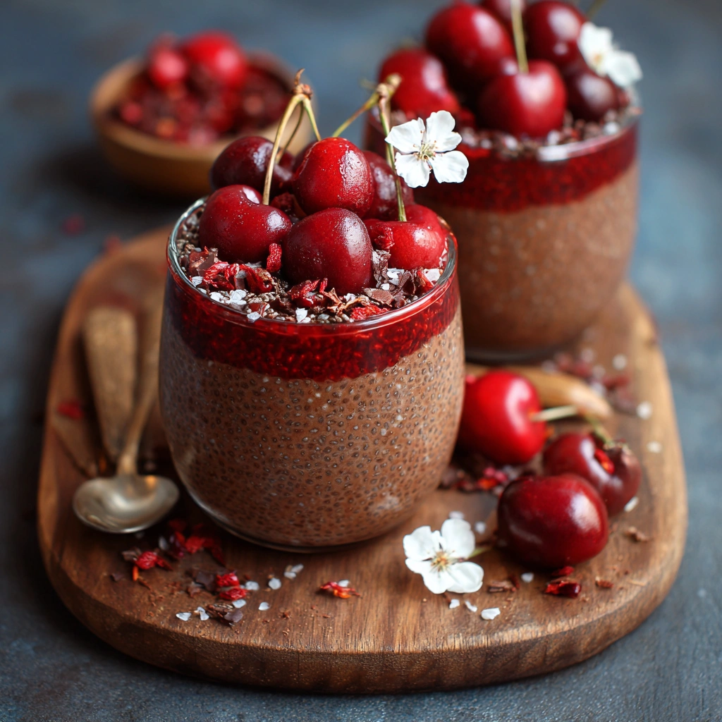 Ingredients for Dairy-Free Cherry Chocolate Chia Pudding arranged on a marble surface
