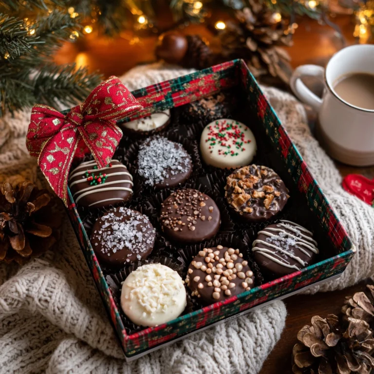 Gift box of assorted dairy free chocolate mendiants in festive wrapping