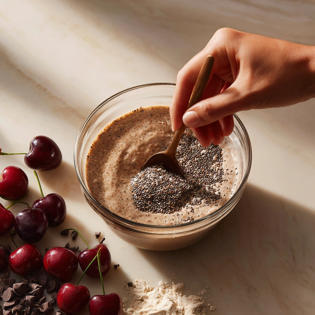 Stirring chia seeds into cocoa almond milk with cherries on the side