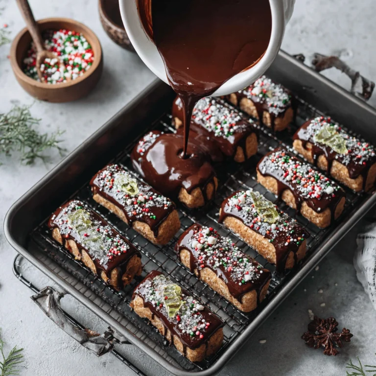 Chocolate ganache being drizzled over gluten-free mini yule logs with festive sprinkles.