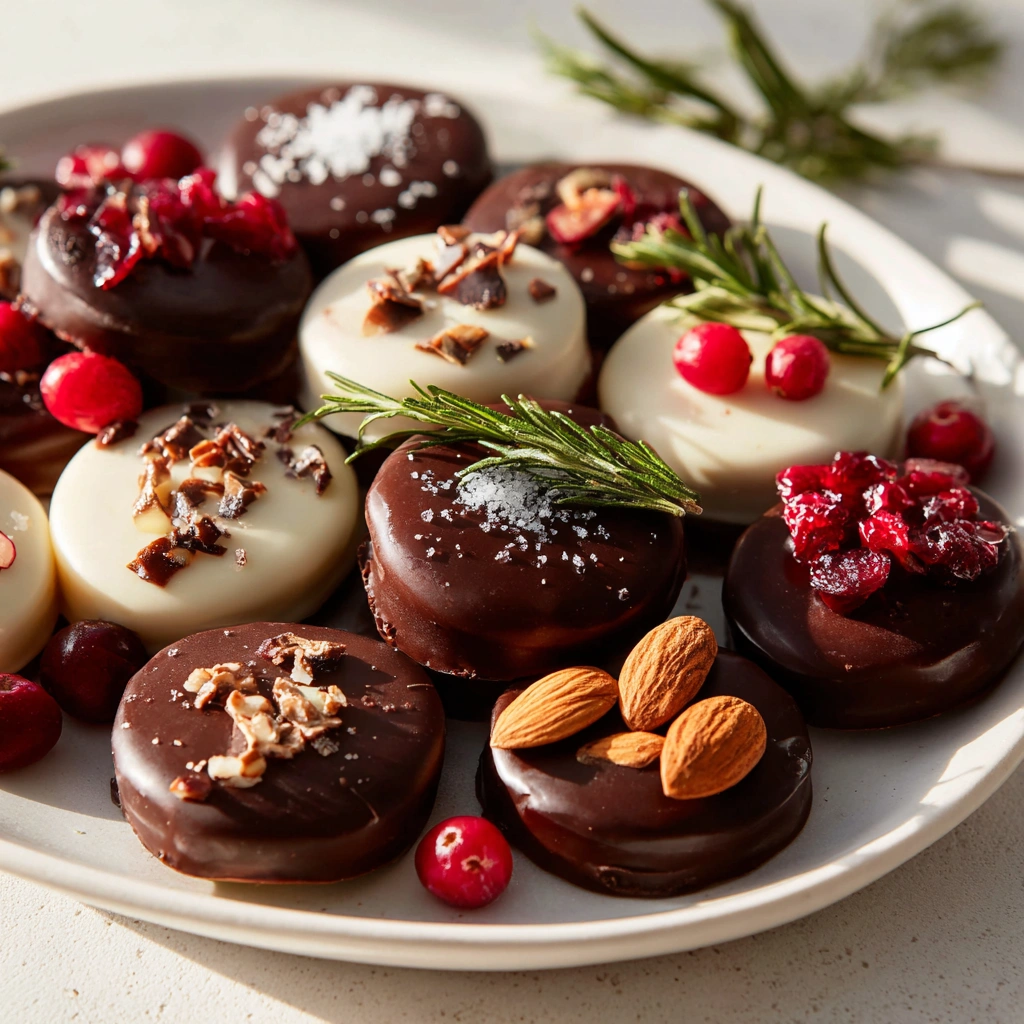 Assorted dairy-free mendiants with holiday garnishes on a platter
