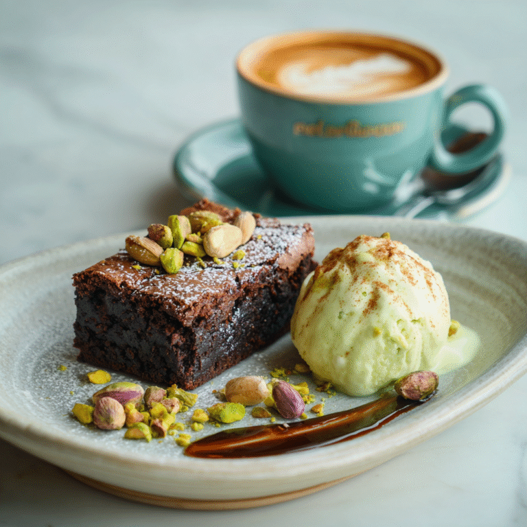 gluten-free Dubai chocolate brownies with coffee