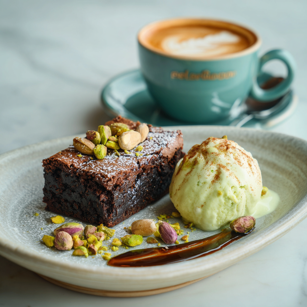 gluten-free Dubai chocolate brownies with coffee