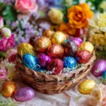 Vegan chocolate covered Easter eggs in a festive basket with foil wraps