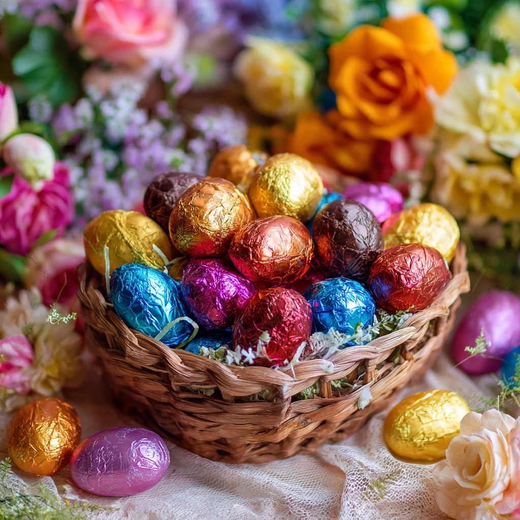 Vegan chocolate covered Easter eggs in a festive basket with foil wraps