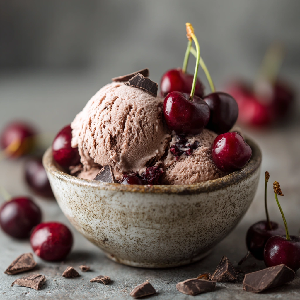 Bowl of dairy-free cherry chocolate ice cream with cherries and chocolate chunks