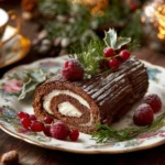 Gluten-free vegan Yule log decorated with powdered sugar and chocolate