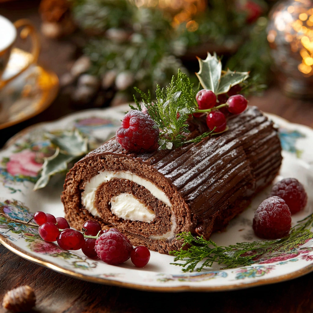Gluten-free vegan Yule log decorated with powdered sugar and chocolate