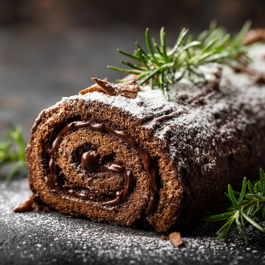 Plated slice of gluten-free vegan Yule log with holiday garnishes
