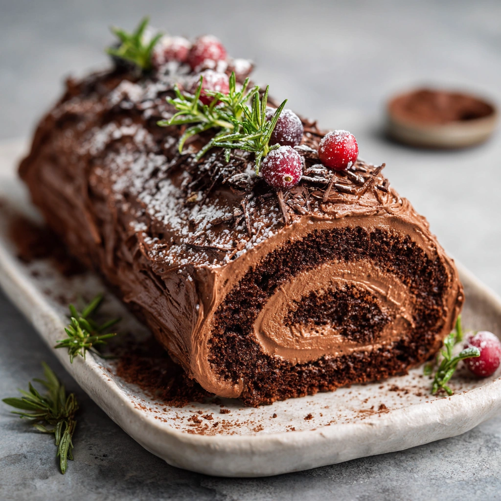 Vegan Yule Log (Vegan Bûche de Noël) made with a rolled cocoa sponge cake and dairy-free ganache, topped with powdered sugar, sugared cranberries, and rosemary sprigs.