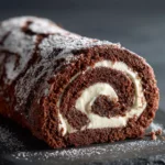 Close-up of sliced gluten-free Yule log cake showing filling