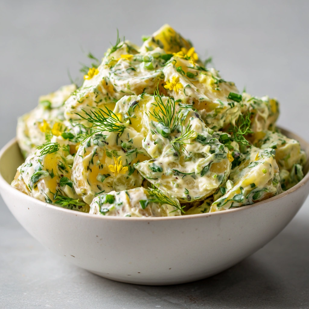 Freshly made herbed vegan potato salad in a white bowl with dill and chives