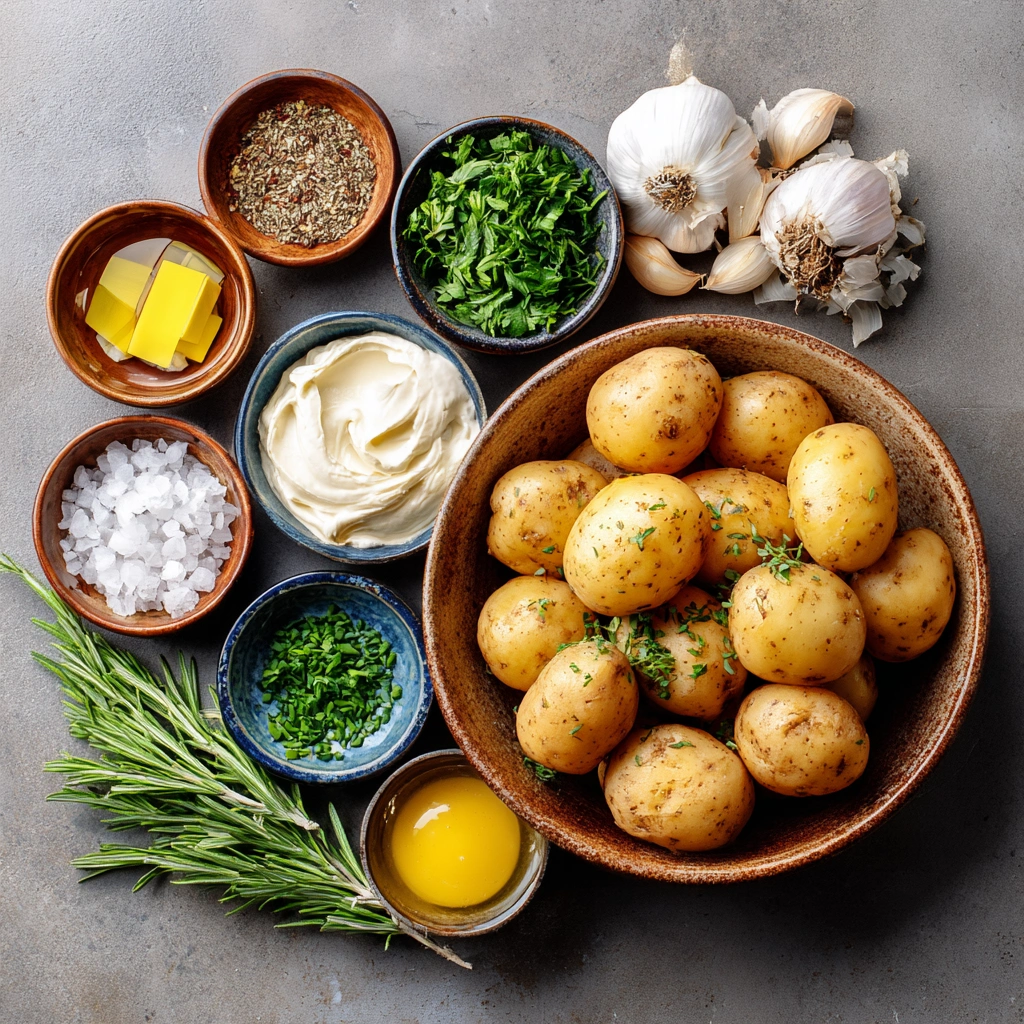 Flat lay of vegan potato salad ingredients including herbs, potatoes, and vegan mayo