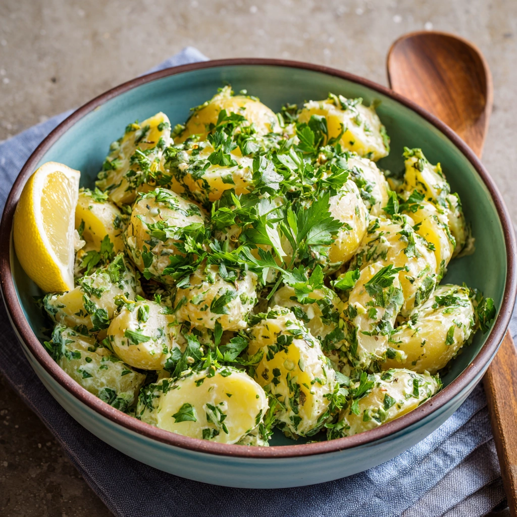 Served herbed vegan potato salad with fresh parsley garnish and lemon wedge