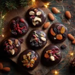 Dairy free chocolate mendiants on a wooden table with festive toppings