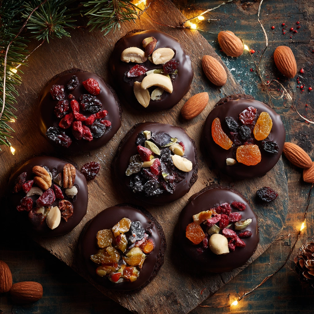Dairy free chocolate mendiants on a wooden table with festive toppings