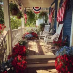 Memorial Day and 4th of July decorations on a patriotic porch
