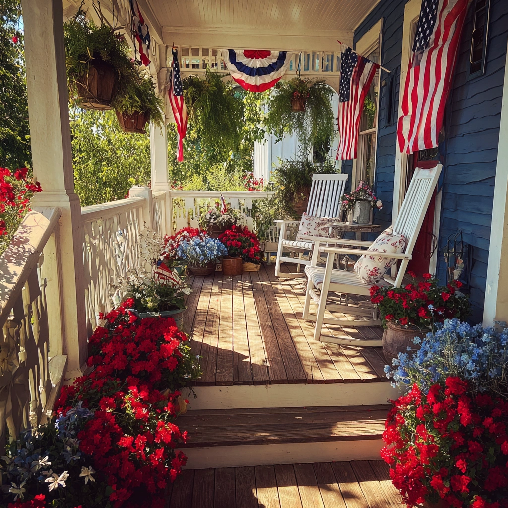 Memorial Day and 4th of July decorations on a patriotic porch