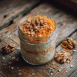 Vegan carrot cake overnight oats in a mason jar with toppings