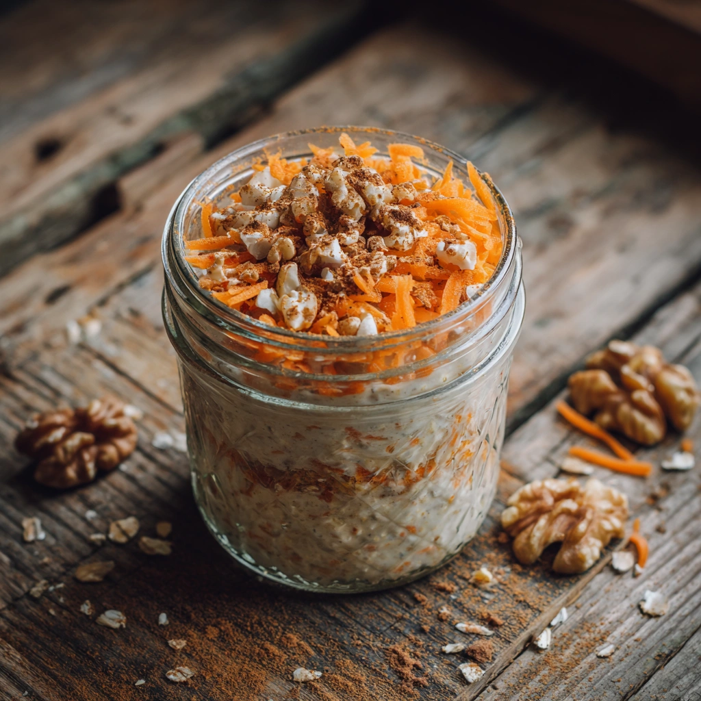 Vegan carrot cake overnight oats in a mason jar with toppings