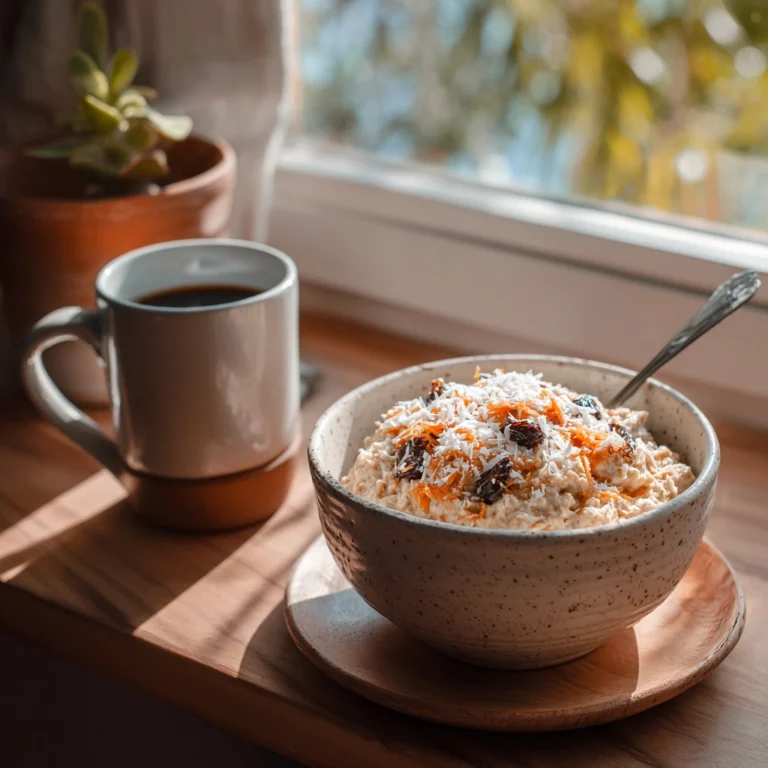 Served vegan carrot cake overnight oats with morning coffee