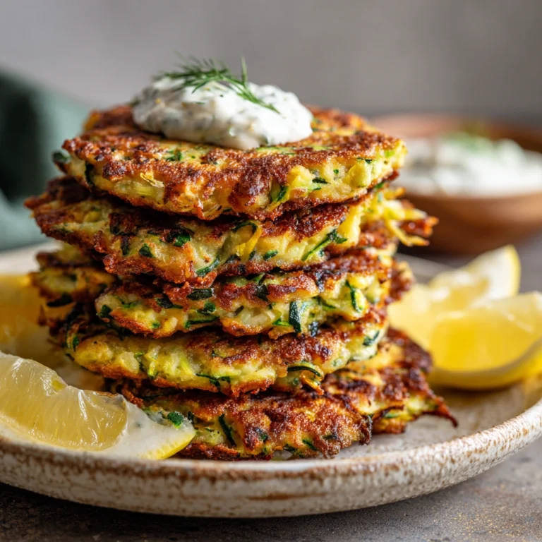 Stack of gluten-free zucchini fritters with dip